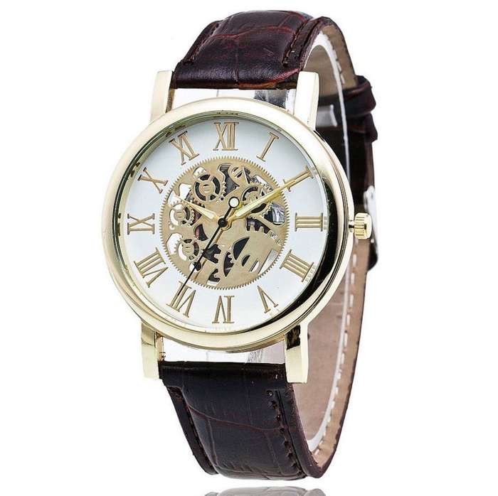 Stylish Men's Leather Skeleton Wrist Watch in Gold & Brown OR Gold & Black