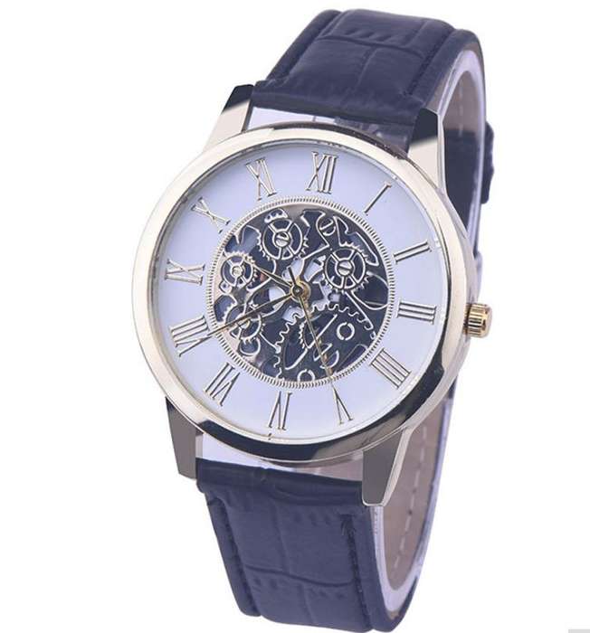Trendy & Stylish Men's Leather Skeleton Wrist Watch in Gold & Black