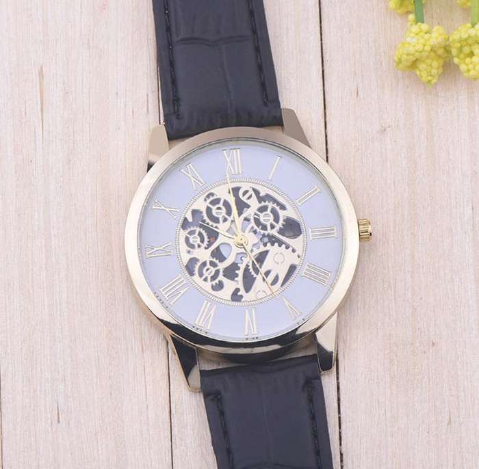 Trendy & Stylish Men's Leather Skeleton Wrist Watch in Gold & Black