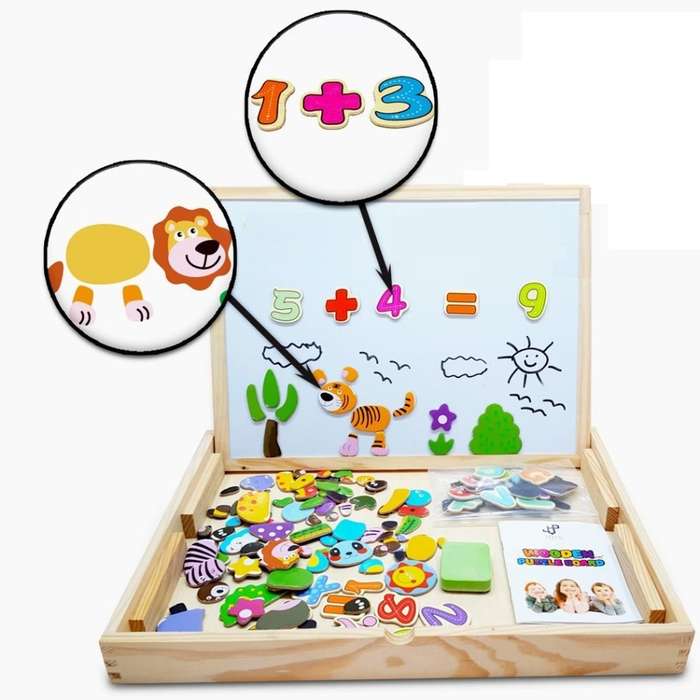 Mathematics Number & Animal Magnetic Whiteboard & Chalkboard Set In a Wooden Box