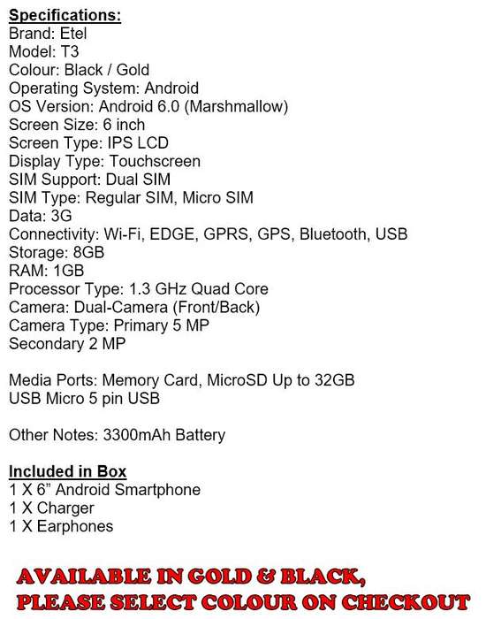 6" Android 6.0 Quadcore Smartphone, 8GB, Dual Sim, Dual Camera, 3300mAh Battery, GPS etc.