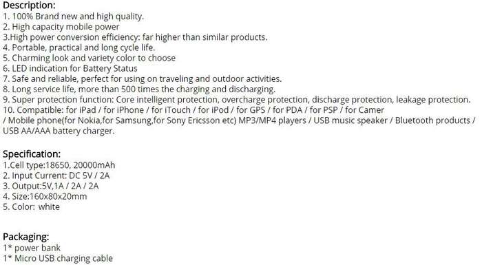20 000mAh 2 USB Power Bank for Charging of Electronic Devices, LED Digital Screen & Flashlight