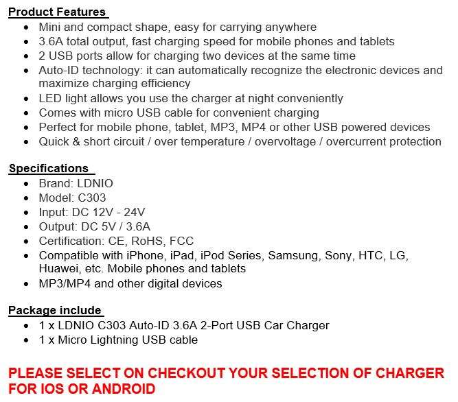Original LED Ldnio C303 Car Charger with Dual USB 5V/3.6A Quick Charge Full Metal For IOS or Android