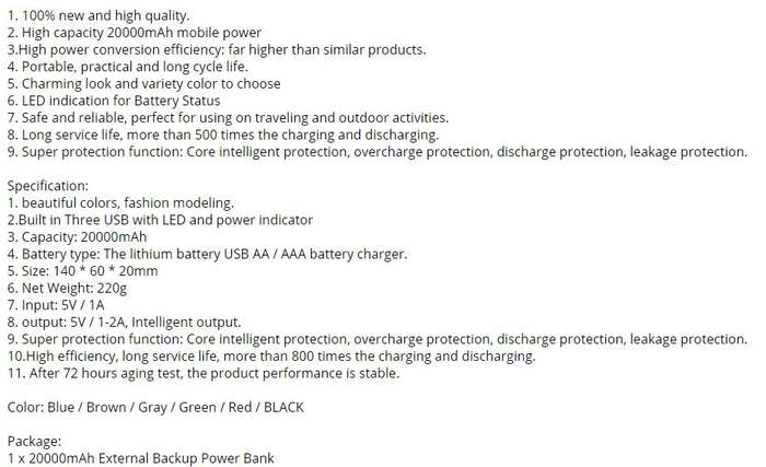20 000mAh USB Power Bank for Charging of Electronic Devices With LED Flashlight