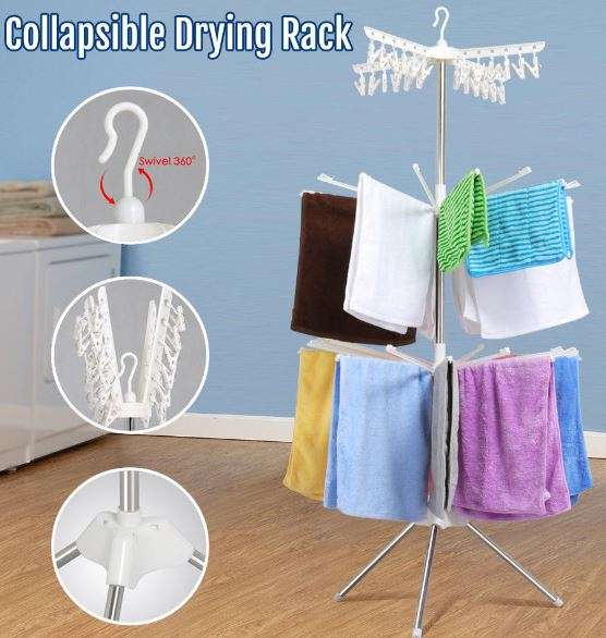 Portable 3-tier Collapsible Laundry Dryer - 360 Degree Swivel with Tripod Stand