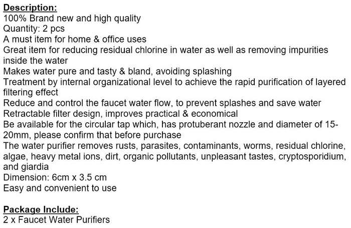 2 X Faucet Water Purifiers, Reducing Chlorine and Removing Impurities in the Water