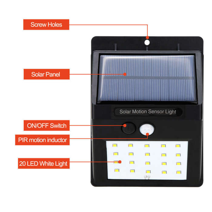25 LED Solar Power Wall Light, PIR Motion Sensor, Waterproof, Night Sensor & Eco-friendly