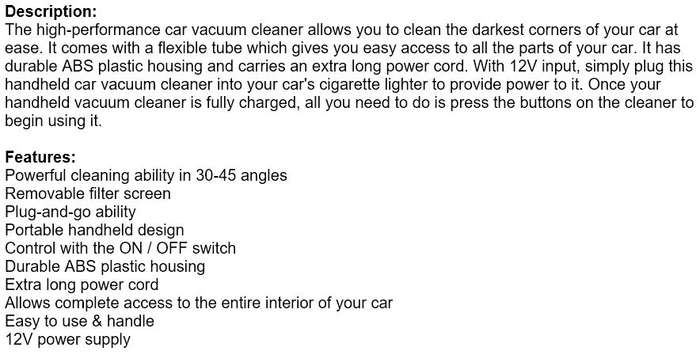 Portable High-Performance Car Vacuum Cleaner with 12V input