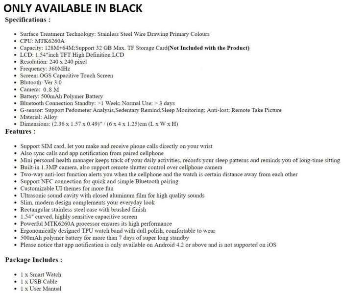 Smart Watch Phone, SIM CARD, Bluetooth, Camera, Sleep Monitor, SD Card, Pedometer etc.