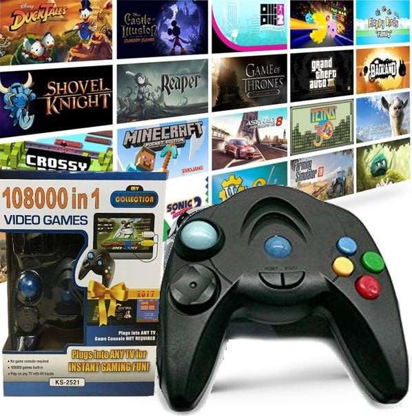 My Arcade 108000 in 1 Game System comes with 108000 built-in games.  Just Plug into TV and play