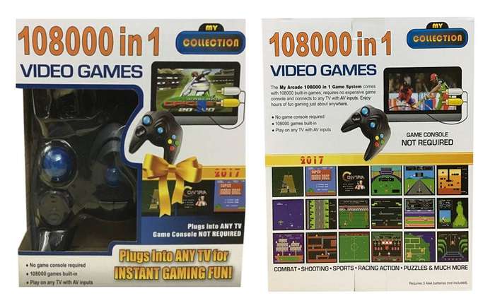 My Arcade 108000 in 1 Game System comes with 108000 built-in games.  Just Plug into TV and play