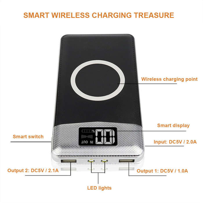 10000mAh Dual USB Power Bank & Wireless Charger, LED Digital Display & Flashlight