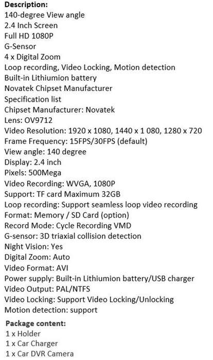 HD Car Camera & Recorder with G-Sensor, Loop Recording, Motion Detection etc.