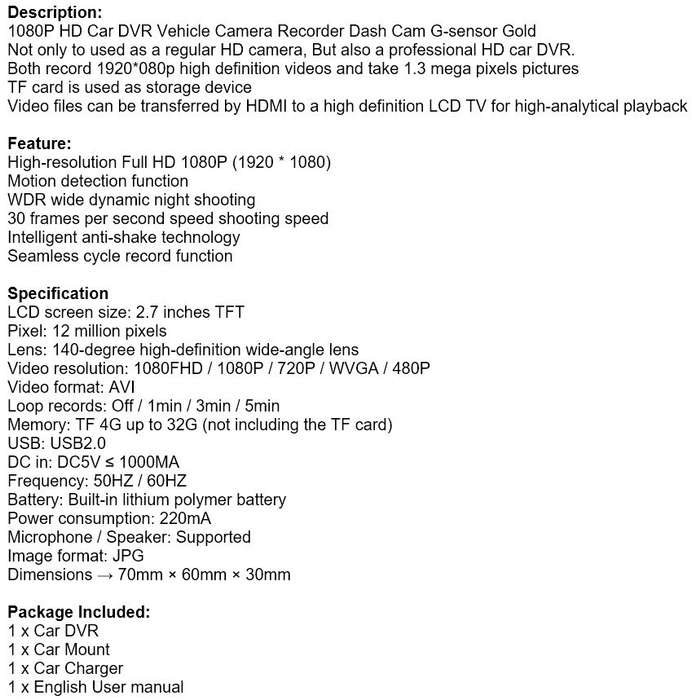 2.6" DVR Camera & Cam Recorder For Vehichle, Motion Detection. G-Sensor, Night Vision