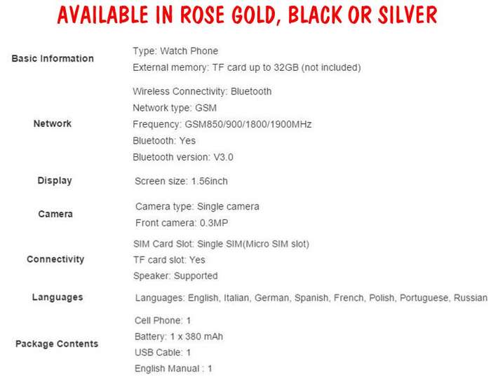 Smart Watch Phone, Support SIM CARD, Bluetooth, Camera, Sleep Monitor, SD Card, MP3, Pedometer etc.
