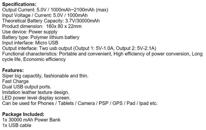 30 000mAh Power Bank - Dual USB FAST CHARGE with Flashlight, Large Capacity, Portable & Convenient