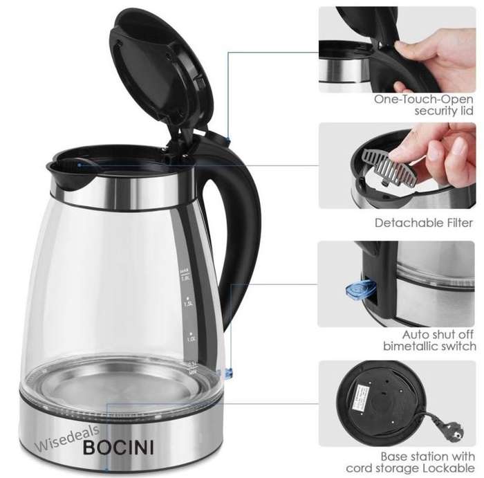 Cordless Electric Modern Glass Kettle with 1.8L Capacity and LED light