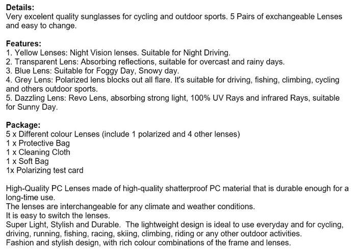 10 Piece Polarized UV400 Cycling Sunglasses with 5 changeable Lenses