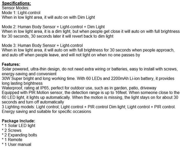 30W LED SOLAR Street Light with Remote, 60 LED, PIR, Motion Sensor, Waterproof with 3 Lighting Modes