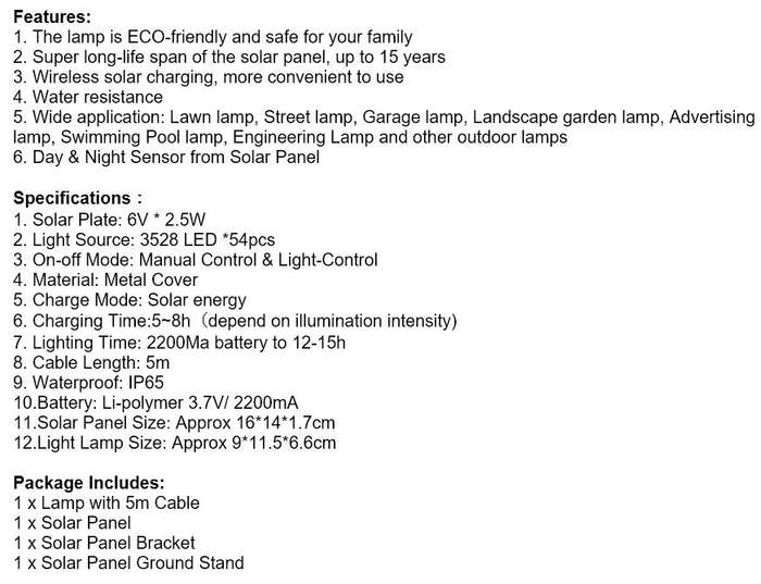 LED Solar Flood Light with 5 meter cable, Solar Panel, Bracket & Ground Stand, Day Night Sensor