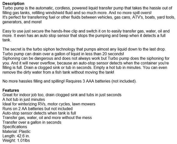 Turbo Pump transfer almost any liquid in seconds with an automatic stop sensor