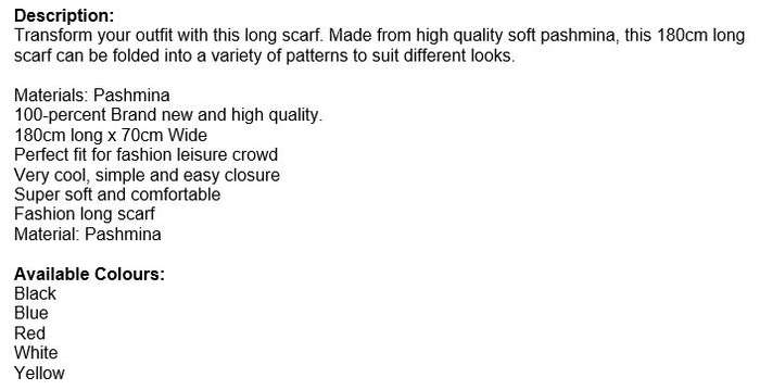 180cm Long & 70cm Wide Quality Soft Pashmina Scarfs in Plain Colours