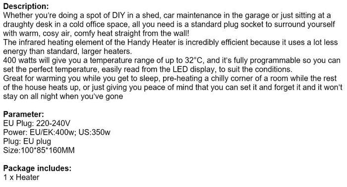 400W Handy Heater  Set temperature up to 32C, LED Display, Timer to maintain on and off