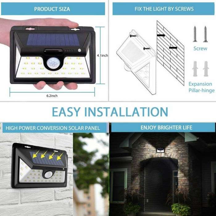 32 LED Solar Wall Light Dim light & Brighten with Motion OR Off and Brighten on with Motion