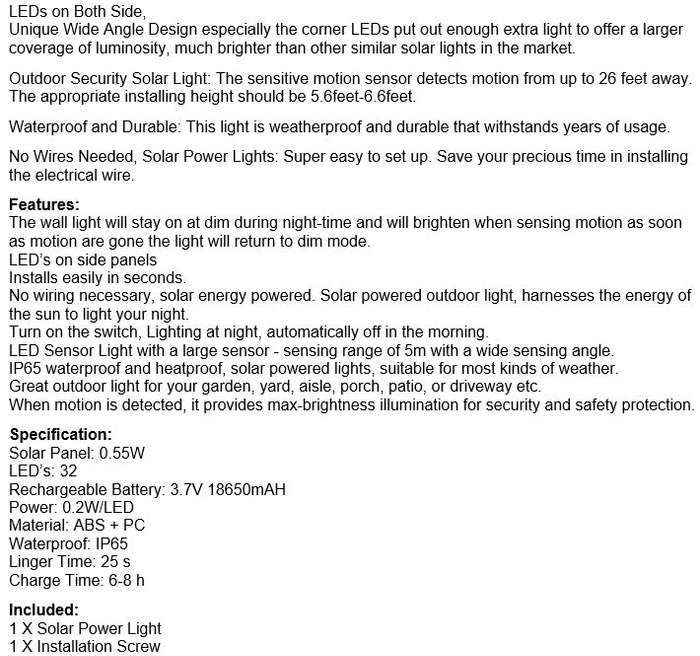 32 LED Solar Wall Light - Stay on Dim Light Mode & Brighten with Motion