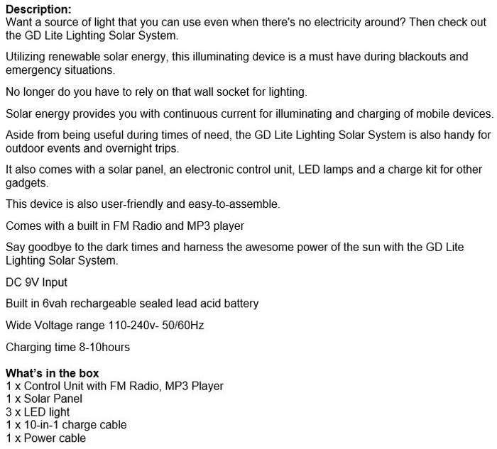 SOLAR FM Radio Light System - Control Radio Unit, 3 LED Lights, Solar Panel, Remote & 10 in 1 Cable