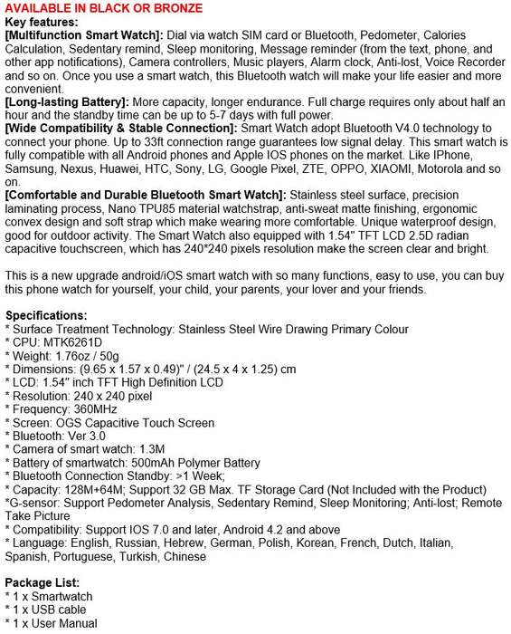 Bluetooth Smart Watch Phone  Support Sim & SD Card, Pedometer etc.