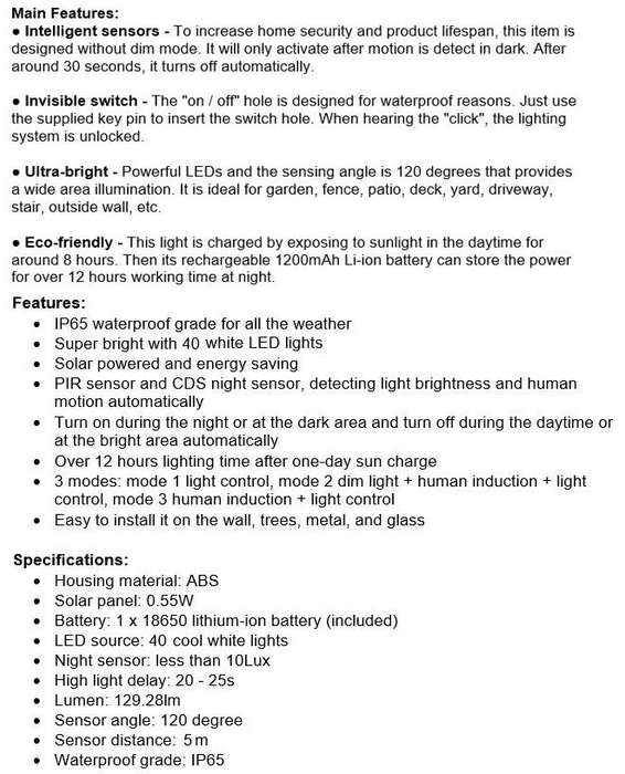 40 LED Solar Power Wall Light, PIR Motion Sensor, Waterproof, Night Sensor & Eco-friendly, 3 Modes