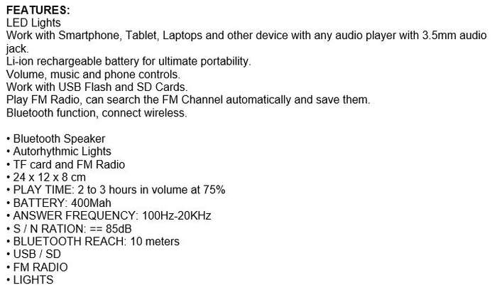 Portable Bluetooth Speaker with FM Radio, LED Lights, Support USB, SD Card & AUX