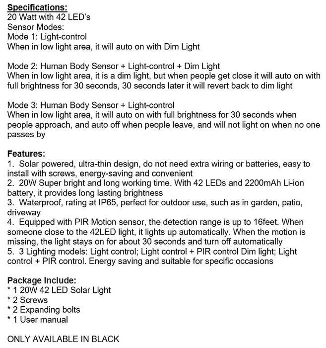 LED SOLAR Street Light, 20W, PIR, Motion Sensor, Waterproof with 3 Lighting Modes