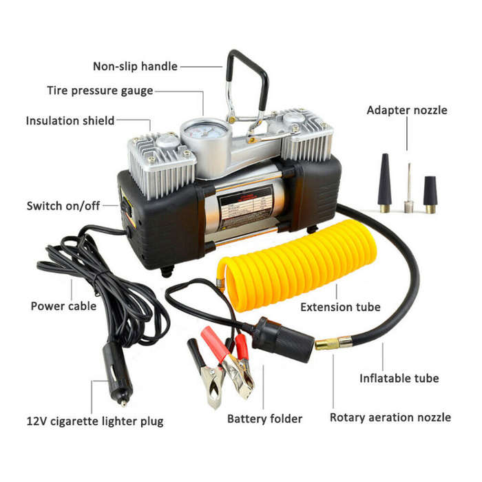 12V 4x4 Dual Cylinder Air Compressor compact with a Carry Case & Accessories