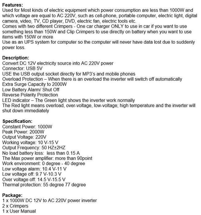 Solar Power Inverter - Convert 12V DC to 220V AC - 1000W Continious Power & 2000W Peak Power)