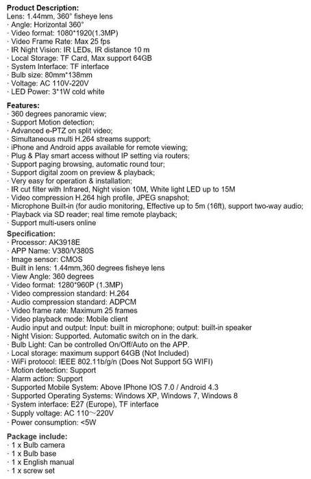 1080P WIFI Surveillance IP Bulb Light Camera, Night Vision, Motion Detection, Two-way Talk etc.