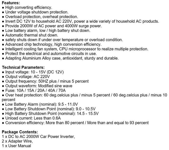 Solar Power Inverter - 2000W Constant Power & 4000W Surge Power, Convert 12V DC to 220V AC