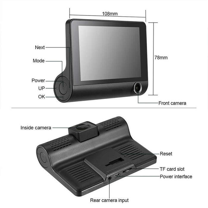 4 Inch IPS 1080P HD Night Vision DVR with Front, Inside & Rear Camera, 170° Wide-angle,G-Sensor