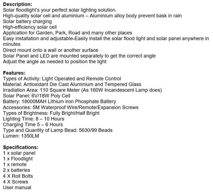 60W LED SOLAR Flood Light with Remote Control, Solar Panel, 5m Cable, Waterproof & 1350 Lumens