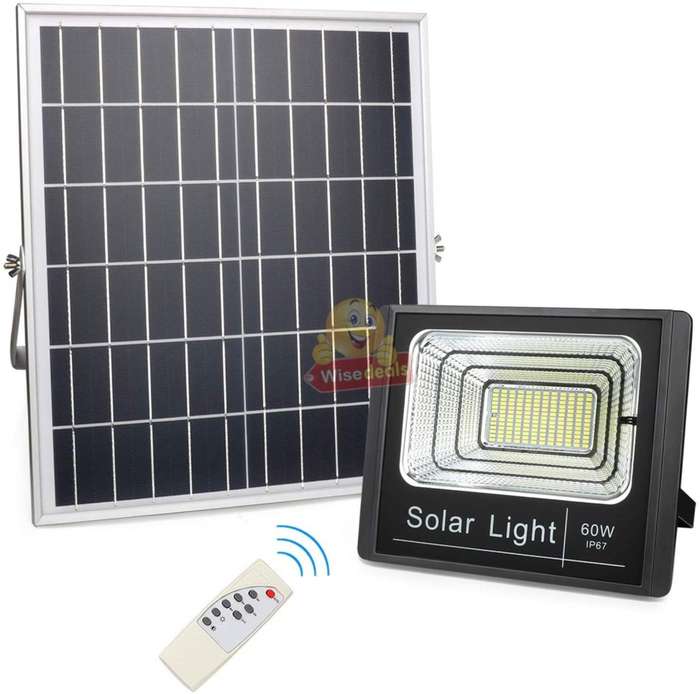 60W LED SOLAR Flood Light with Remote Control, Solar Panel, 5m Cable, Waterproof & 1350 Lumens