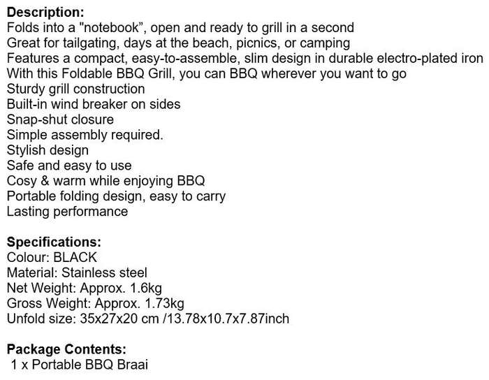 Portable BBQ Braai, Folds into a carry case, open and ready to grill in seconds