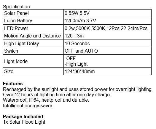 LED Super Bright SOLAR Flood Light, Waterproof, Motion Sensing, Intelligent Energy-Saver