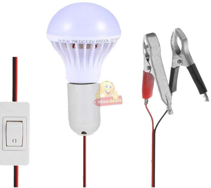 DC 12V E27 7W High Power Light Bulb with Adapter, Wire & Crocodile Clamps