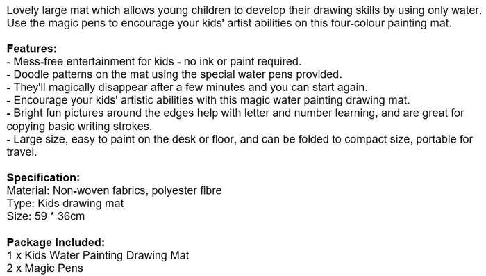 Water Drawing Painting Mat with Magic Pens, No Mess, No Fuss, Only use Water