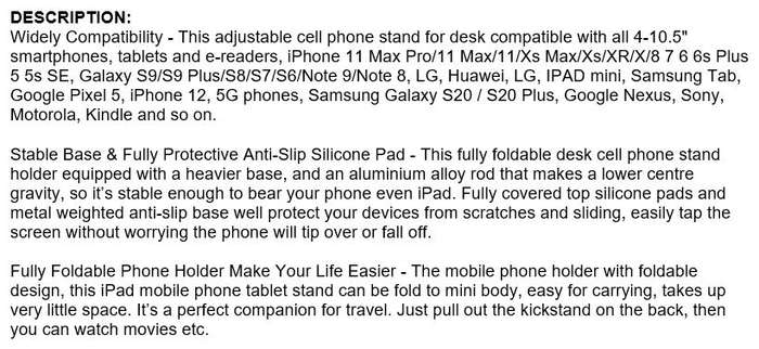 Widely Compatible phone holder, Stable Base, Fully Protective Anti-Slip Silicone Pad, Foldable etc