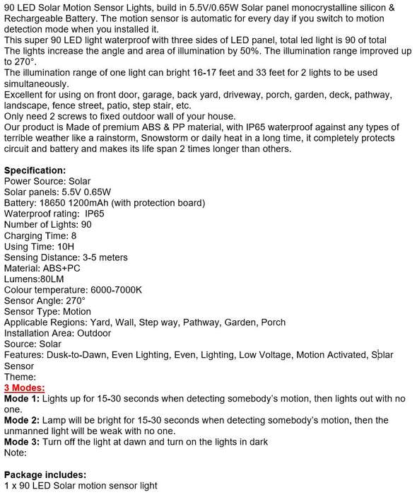 90 LED Super Bright SOLAR Wall Light with 3 Modes, PIR Motion Sensor, Waterproof & Eco-Friendly