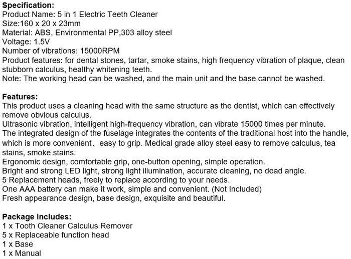 Electric Ultra-Sonic Acoustic Vibration Tooth Cleaner & Calculus Remover for beautiful teeth