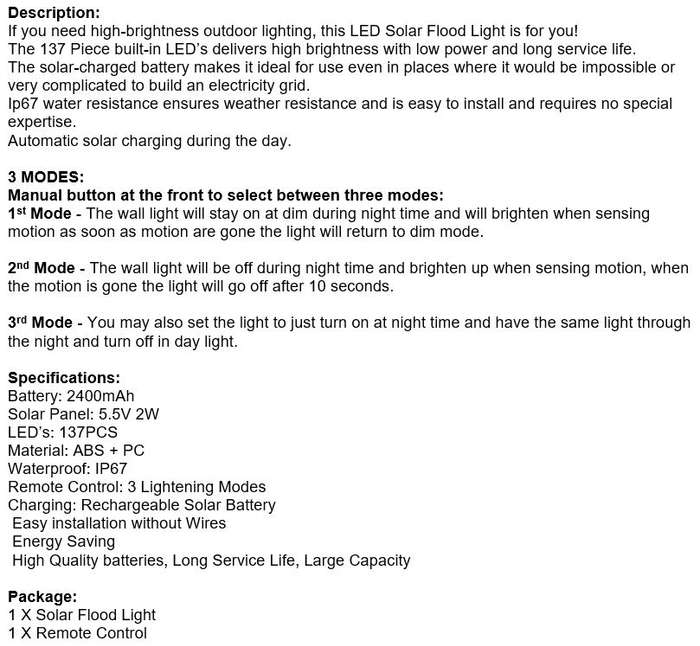 Super Bright 137 LED Solar Flood Light, 2400mAh Large Solar Rechargeable Battery, Waterproof etc