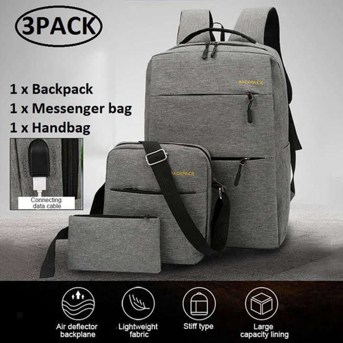 3 Piece Backpack Set, Large Backpack with USB Port and Cable to Charge Devices